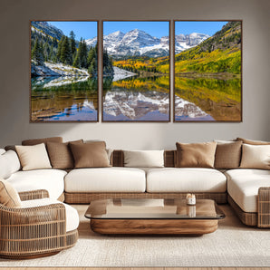87724099-MGV-CV-36X24-Maroon Bells Wall Art Canvas Print, Framed Snowy Mountains Art Picture Print, Pine Forest Perfect Vibrant Alpine Decor Artwork