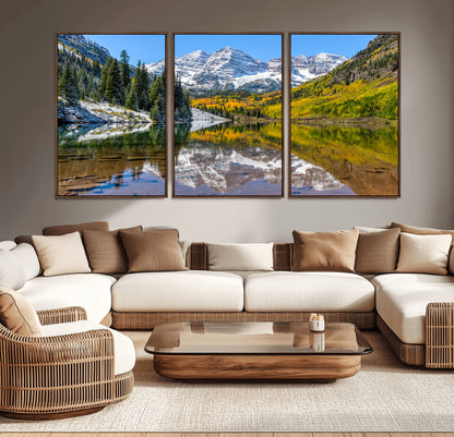 87724099-MGV-CV-36X24-Maroon Bells Wall Art Canvas Print, Framed Snowy Mountains Art Picture Print, Pine Forest Perfect Vibrant Alpine Decor Artwork