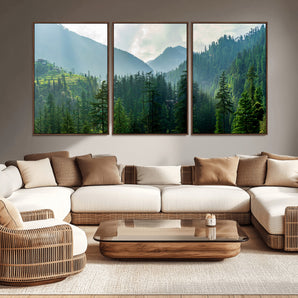 83417191-MGV-CV-36X24-Misty Mountain Forest Wall Art – Pine Tree Landscape Canvas Print, Nature Photography Panorama, Tranquil Green Forest Décor for