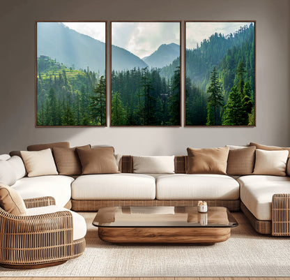 83417191-MGV-CV-36X24-Misty Mountain Forest Wall Art – Pine Tree Landscape Canvas Print, Nature Photography Panorama, Tranquil Green Forest Décor for