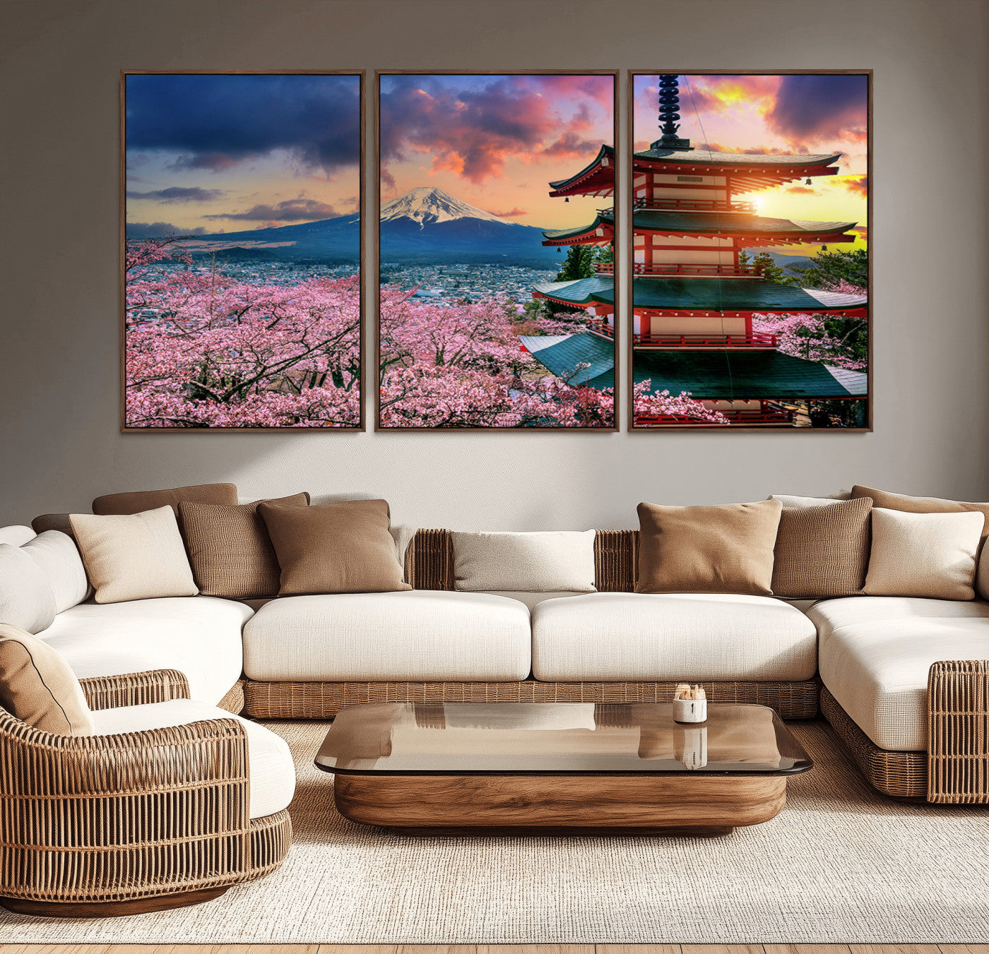 32331262-MGV-CV-36X24-Mount Fuji Japan Wall Art – Cherry Blossom Landscape Canvas Print, Chureito Pagoda Sunset Photography, Japanese Nature Travel