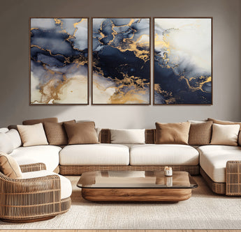 41136487-MGV-CV-36X24-Black Marble Wall Art Canvas Print, Framed Gold Veins Art Picture Print, Abstract Texture Perfect Moody Luxe Decor Artwork