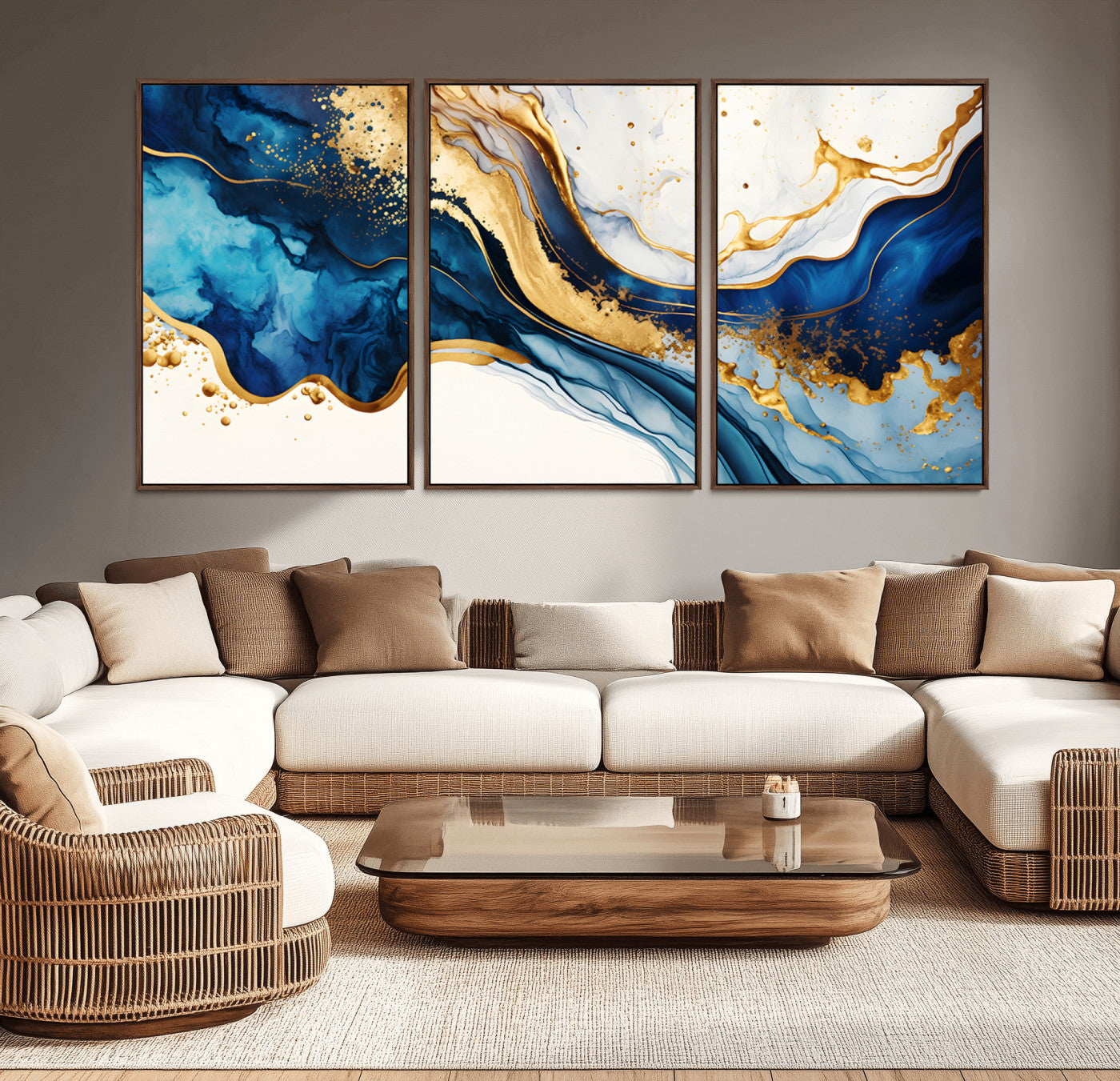 60283636-MGV-CV-36X24-Blue Gold Flow Wall Art Canvas Print, Framed Marble Texture Art Picture Print, Elegant Splash Perfect Elegant Abstract Decor