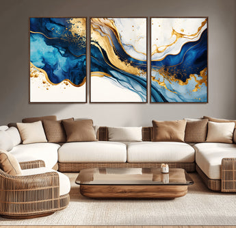 60283636-MGV-CV-36X24-Blue Gold Flow Wall Art Canvas Print, Framed Marble Texture Art Picture Print, Elegant Splash Perfect Elegant Abstract Decor