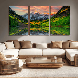 59533484-MGV-CV-36X24-Maroon Bells Autumn Wall Art – Panoramic Mountain Landscape Canvas Print, Sunset Reflection Nature Artwork for Living Room, Office