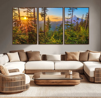83544043-MGV-CV-36X24-Forest Sunset Wall Art Canvas Print, Framed Sunset Trees Art Picture Print, Green Pines Perfect Rustic Nature Decor Artwork