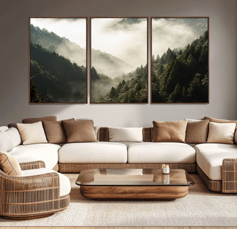 57570237-MGV-CV-36X24-Misty Valley Wall Art Canvas Print, Framed Foggy Forest Art Picture Print, Pine Trees Perfect Moody Woodland Decor Artwork