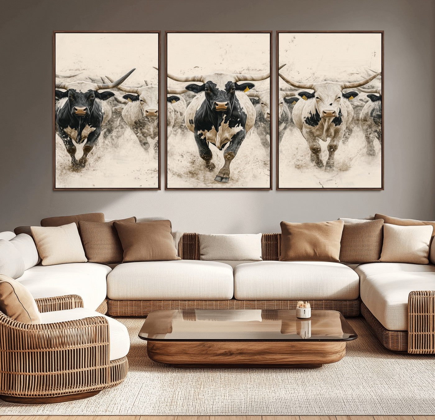 61538944-MGV-CV-36X24-Texas Longhorn Wall Art Canvas Print, Framed Cattles Walking Art Picture Print, Black White Bulls Perfect Rustic Western Decor