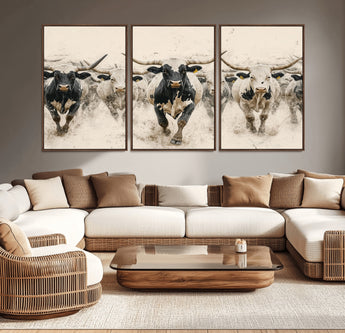 61538944-MGV-CV-36X24-Texas Longhorn Wall Art Canvas Print, Framed Cattles Walking Art Picture Print, Black White Bulls Perfect Rustic Western Decor