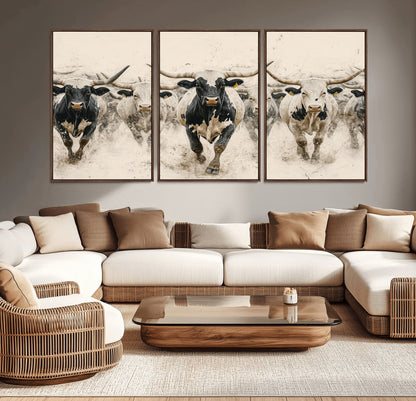 61538944-MGV-CV-36X24-Texas Longhorn Wall Art Canvas Print, Framed Cattles Walking Art Picture Print, Black White Bulls Perfect Rustic Western Decor