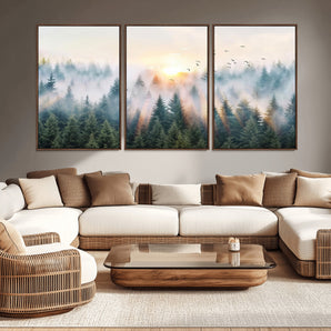 92718976-MGV-CV-36X24-Misty Forest Wall Art Canvas Print, Framed Sunrise Pines Art Picture Print, Foggy Woodland Perfect Moody Woodland Decor Artwork