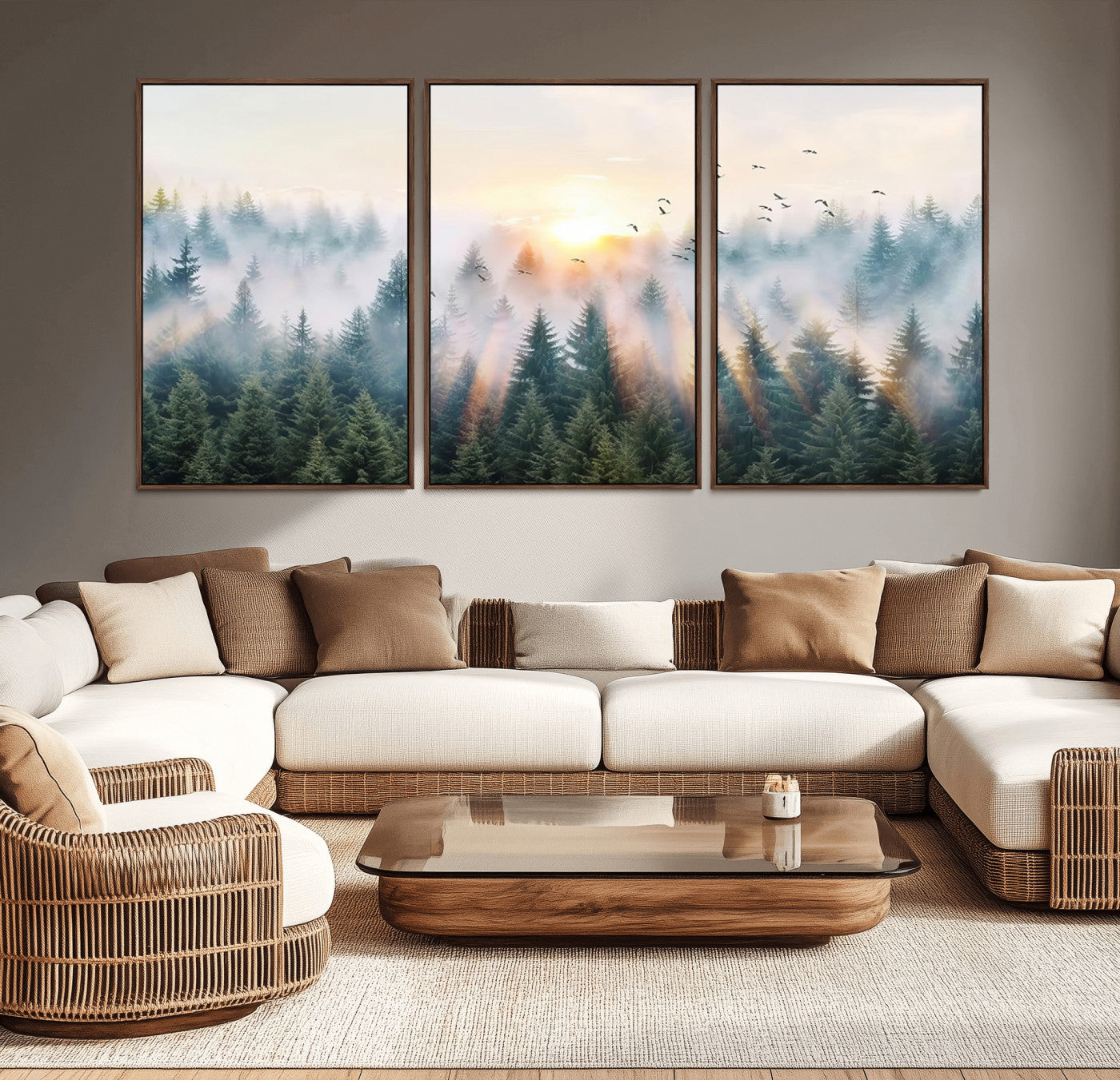 92718976-MGV-CV-36X24-Misty Forest Wall Art Canvas Print, Framed Sunrise Pines Art Picture Print, Foggy Woodland Perfect Moody Woodland Decor Artwork