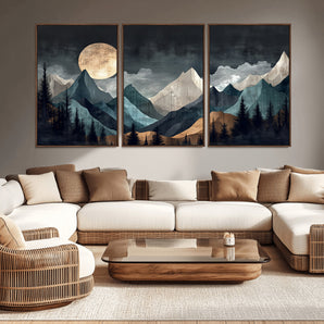 11060882-MGV-CV-36X24-Moonlit Mountains Wall Art Canvas Print, Framed Forest Silhouette Art Picture Print, Night Landscape Perfect Modern Forest Decor