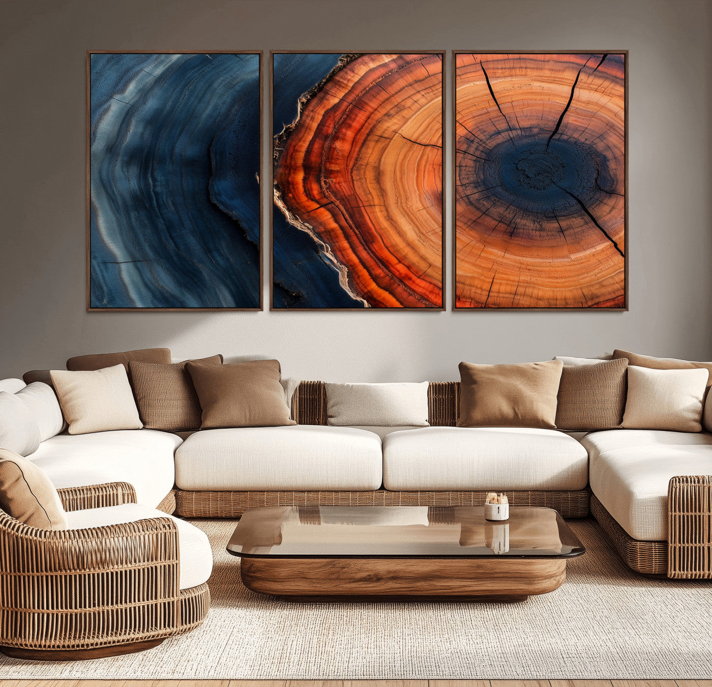 57732250-MGV-CV-36X24-Tree Ring Abstract Wall Art – Blue Orange Wood Grain Canvas Print, Modern Rustic Nature Artwork for Living Room, Office,