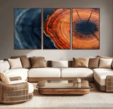 57732250-MGV-CV-36X24-Tree Ring Abstract Wall Art – Blue Orange Wood Grain Canvas Print, Modern Rustic Nature Artwork for Living Room, Office,