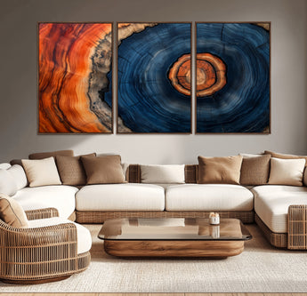 72209152-MGV-CV-36X24-Abstract Tree Ring Wall Art – Vibrant Blue Orange Wood Grain Canvas Print, Rustic Modern Nature Artwork for Living Room, Office,