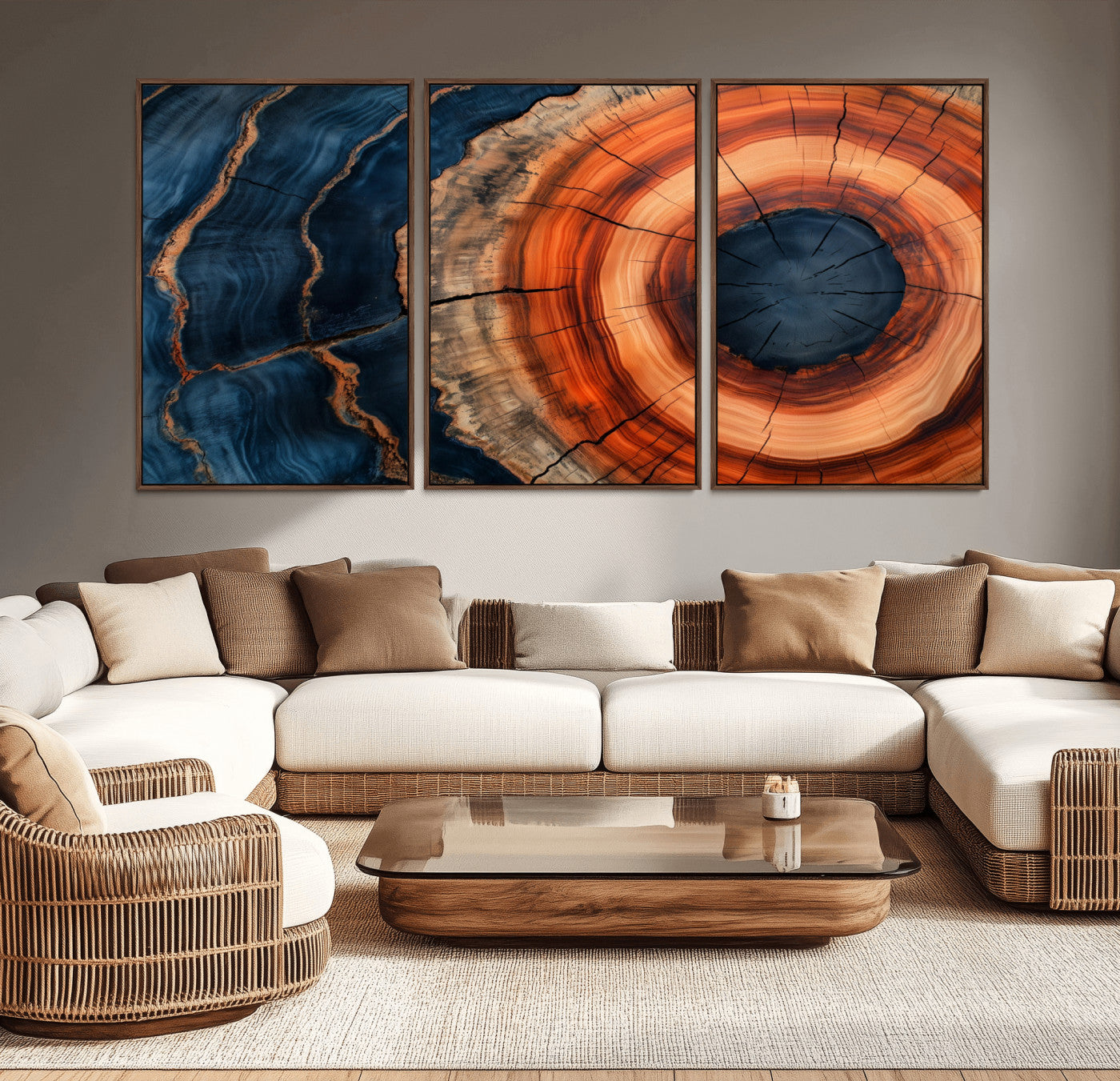 41123192-MGV-CV-36X24-Tree Ring Canvas Wall Art – Abstract Blue Orange Wood Grain Print, Rustic Modern Nature Artwork for Living Room, Bedroom, Office