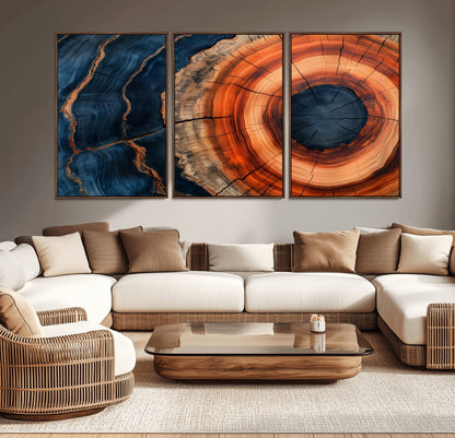 41123192-MGV-CV-36X24-Tree Ring Canvas Wall Art – Abstract Blue Orange Wood Grain Print, Rustic Modern Nature Artwork for Living Room, Bedroom, Office