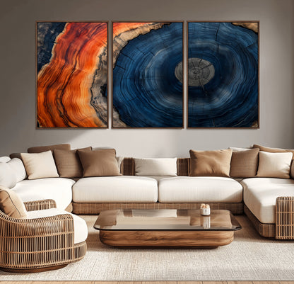 99491700-MGV-CV-36X24-Tree Ring Canvas Wall Art – Blue Orange Abstract Wood Grain Print, Rustic Modern Nature Artwork for Living Room, Office, Bedroom