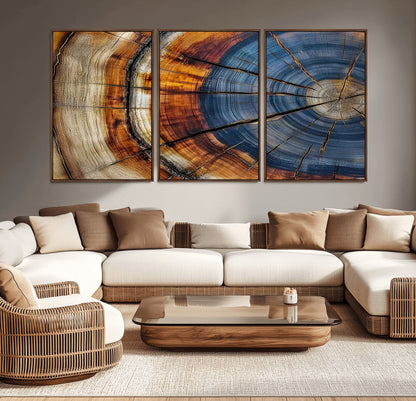 18032999-MGV-CV-36X24-Tree Ring Wall Art – Blue Brown Abstract Wood Slice Canvas Print, Rustic Modern Nature Decor for Living Room, Office, Bedroom or