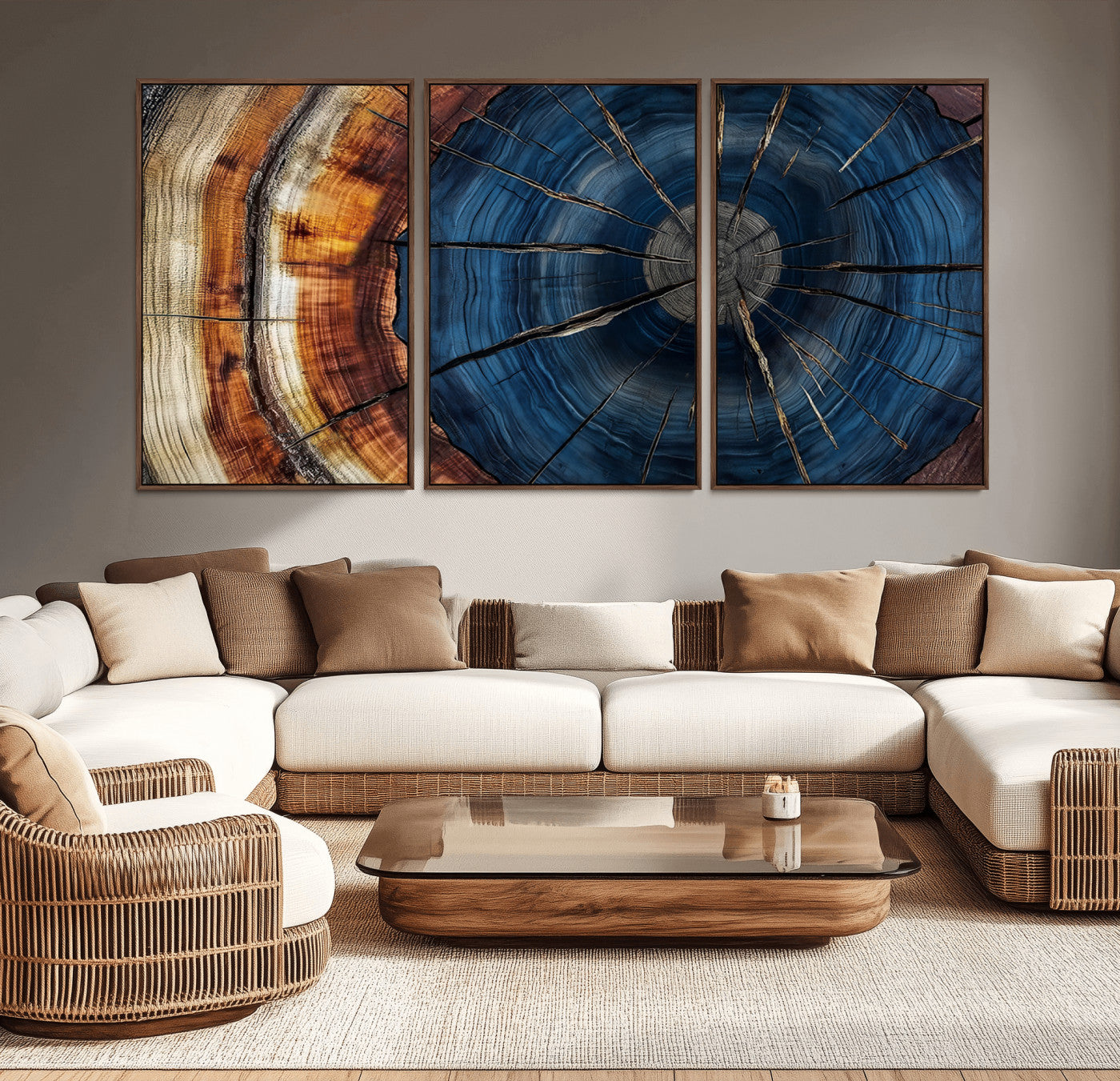 60099360-MGV-CV-36X24-Blue Tree Ring Wall Art – Rustic Wood Grain Canvas Print, Modern Abstract Artwork with Natural Texture for Living Room, Bedroom,