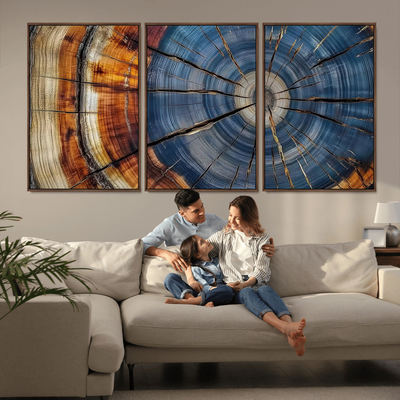 82059233-MGV-FC-60X30-3P_Walnut-Rustic Tree Ring Wall Art – Natural Wood Texture Canvas Print, Framed Abstract Tree Stump for Farmhouse, Log Cabin, Wooden House