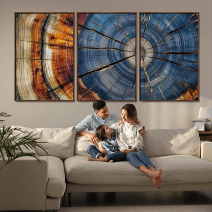 82059233-MGV-FC-60X30-3P_Walnut-Rustic Tree Ring Wall Art – Natural Wood Texture Canvas Print, Framed Abstract Tree Stump for Farmhouse, Log Cabin, Wooden House