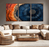 26110607-MGV-CV-36X24-Blue and Orange Tree Ring Wall Art – Abstract Wood Cross Section Canvas Print, Modern Rustic Nature Decor for Living Room, Office,