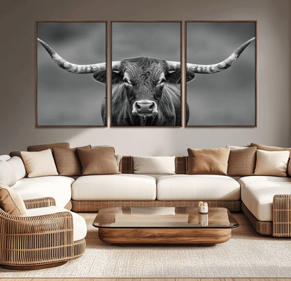 81228550-MGV-CV-36X24-Framed Texas Longhorn Bull Art Canvas Print, Western Bull Wall Art Print, Long Horn Bull Photo Print for Log Cabin, Large Bull