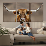 12179171-MGV-FC-60X30-3P_Walnut-Texas Longhorn Wall Art Canvas Print, Framed Brown Bull Art Picture Print, Lone Cattle Perfect Rustic Western Decor Artwork