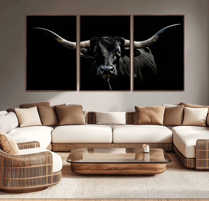 37531960-MGV-CV-36X24-Black Longhorn Bull Wall Art – Dramatic Western Cattle Canvas Print, Rustic Farmhouse Animal Artwork for Living Room, Bedroom,