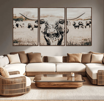 27497342-MGV-CV-36X24-Texas Longhorn Wall Art Canvas Print, Framed Speckled Cow Art Picture Print, Horned Cattle Perfect Rustic Western Decor Artwork