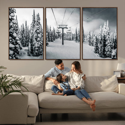 31156828-MGV-FC-60X30-3P_Walnut-Snowy Pines Wall Art Canvas Print, Framed Ski Lift Art Picture Print, Winter Forest Perfect Moody Lodge Decor Artwork