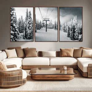 31156828-MGV-CV-36X24-Snowy Pines Wall Art Canvas Print, Framed Ski Lift Art Picture Print, Winter Forest Perfect Moody Lodge Decor Artwork