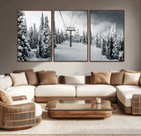 31156828-MGV-CV-36X24-Snowy Pines Wall Art Canvas Print, Framed Ski Lift Art Picture Print, Winter Forest Perfect Moody Lodge Decor Artwork