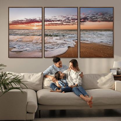 39846389-MGV-FC-60X30-3P_Walnut-Ocean Sunset Wall Art Canvas Print, Framed Sandy Shore Art Picture Print, Gentle Waves Perfect Minimalist Coastal Decor Artwork