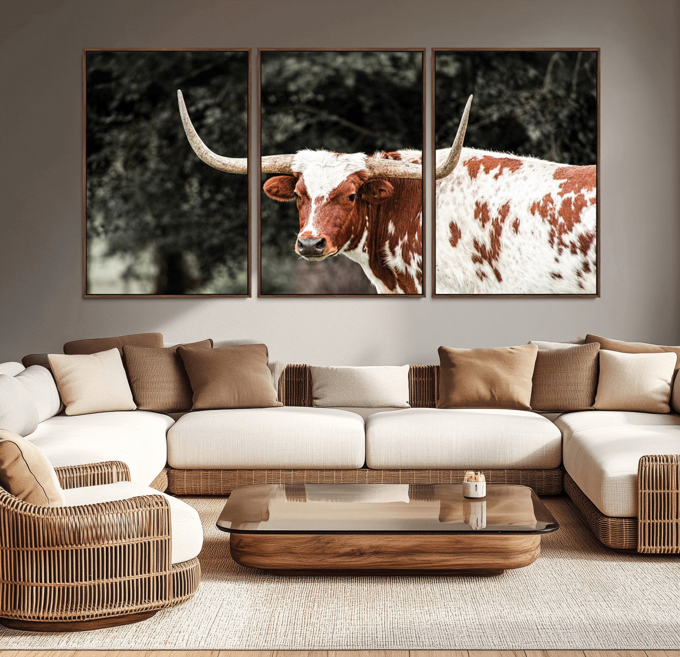 54027638-MGV-CV-36X24-Texas Longhorn Wall Art Canvas Print, Framed Spotted Cow Art Picture Print, Horned Bull Perfect Rustic Western Decor Artwork