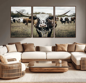 79025945-MGV-CV-36X24-Texas Longhorn Wall Art Canvas Print, Framed Speckled Cow Art Picture Print, Horned Cattle Perfect Rustic Western Decor Artwork