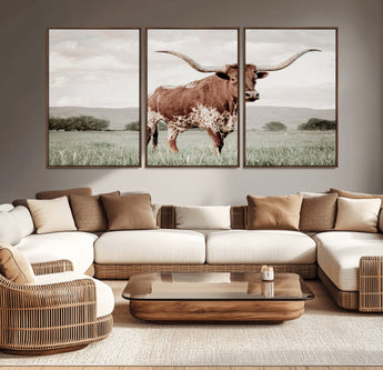 28309012-MGV-CV-36X24-Texas Longhorn Wall Art Canvas Print, Framed Spotted Cattle Art Picture Print, Horned Bull Perfect Rustic Western Decor Artwork