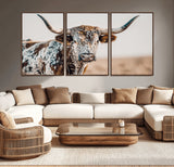 70414966-MGV-CV-36X24-Texas Longhorn Wall Art Canvas Print, Framed Speckled Cow Art Picture Print, Horned Bull Perfect Rustic Western Decor Artwork