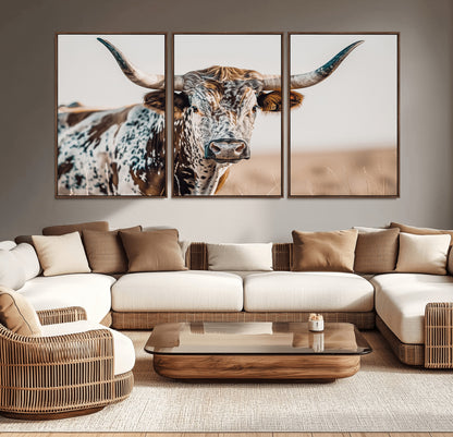 70414966-MGV-CV-36X24-Texas Longhorn Wall Art Canvas Print, Framed Speckled Cow Art Picture Print, Horned Bull Perfect Rustic Western Decor Artwork