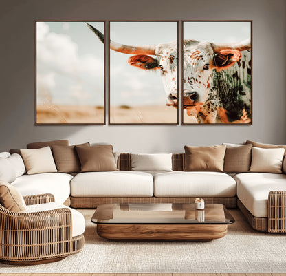 72766375-MGV-CV-36X24-Texas Longhorn Wall Art Canvas Print, Framed Spotted Cow Art Picture Print, Horned Cattle Perfect Rustic Western Decor Artwork