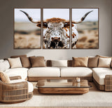 76294381-MGV-CV-36X24-Texas Longhorn Wall Art Canvas Print, Framed Spotted Cow Art Picture Print, Horned Cattle Perfect Rustic Western Decor Artwork