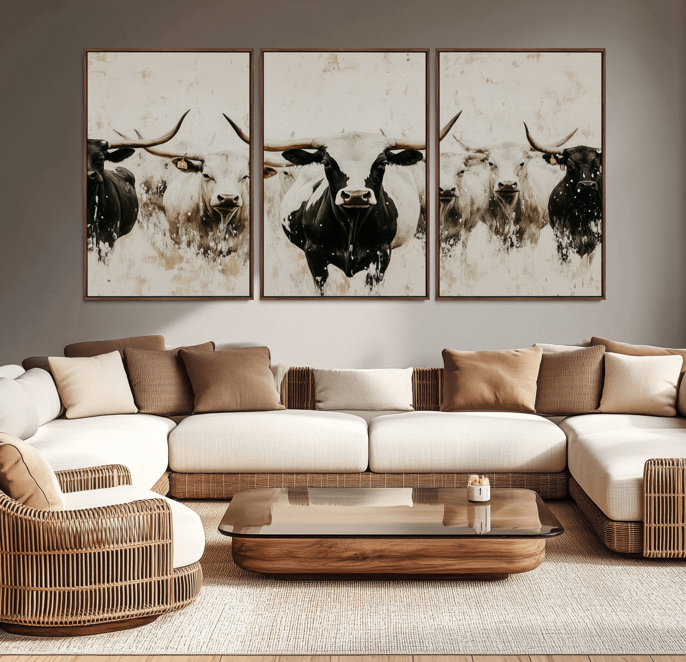 12027562-MGV-CV-36X24-Longhorn Cattle Wall Art Canvas Print, Framed Bison Herd Art Picture Print, Cattle Group Perfect Rustic Farmhouse Decor Artwork