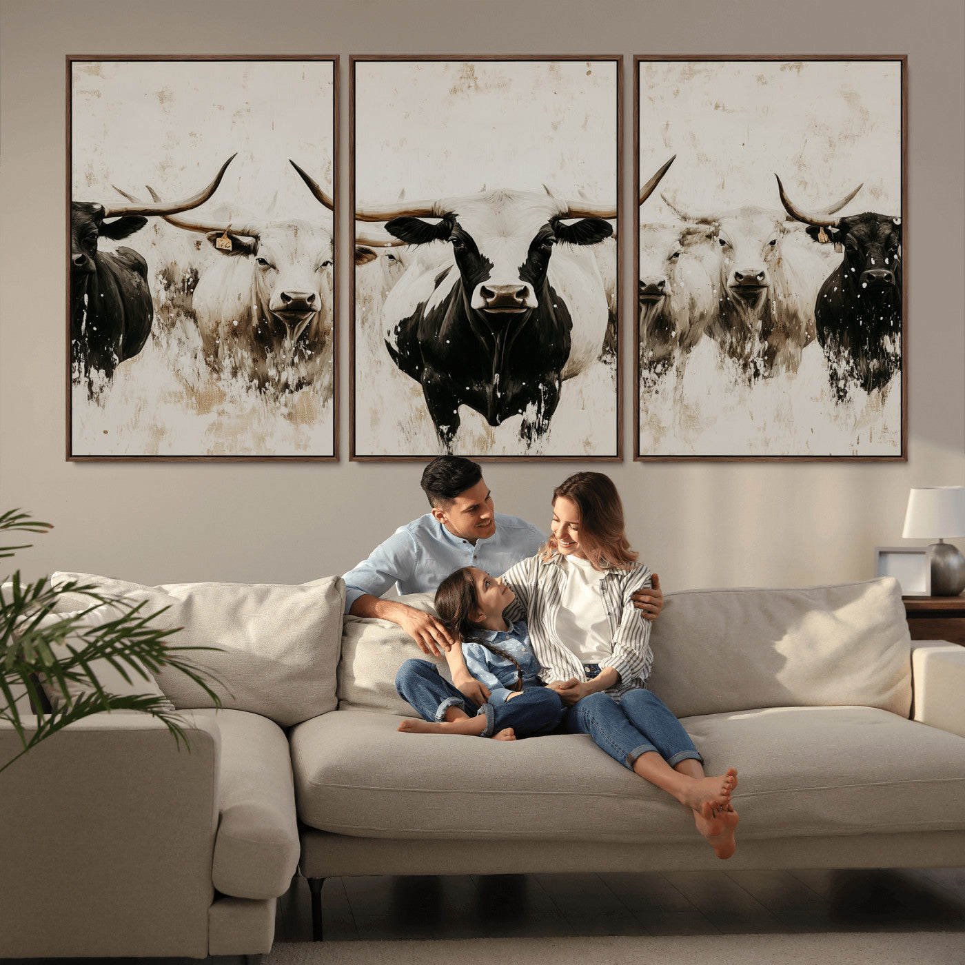 12027562-MGV-FC-60X30-3P_Walnut-Longhorn Cattle Wall Art Canvas Print, Framed Bison Herd Art Picture Print, Cattle Group Perfect Rustic Farmhouse Decor Artwork