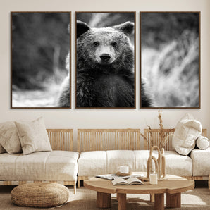 MGV-FC-60X30-3P - Grizzly Bear Wall Art Canvas Print, Framed Black White Bear Art Picture Print, Wild Bear Perfect Rustic Wildlife Decor Artwork