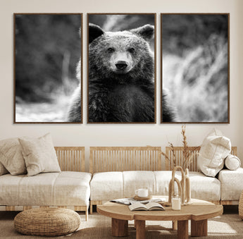 MGV-FC-60X30-3P - Grizzly Bear Wall Art Canvas Print, Framed Black White Bear Art Picture Print, Wild Bear Perfect Rustic Wildlife Decor Artwork