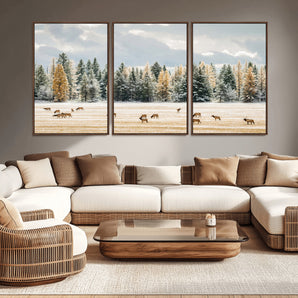 64188182-MGV-CV-36X24-Elk Herd Wall Art Canvas Print, Framed Snowy Forest Art Picture Print, Forest Elks Perfect Neutral Rustic Decor Artwork
