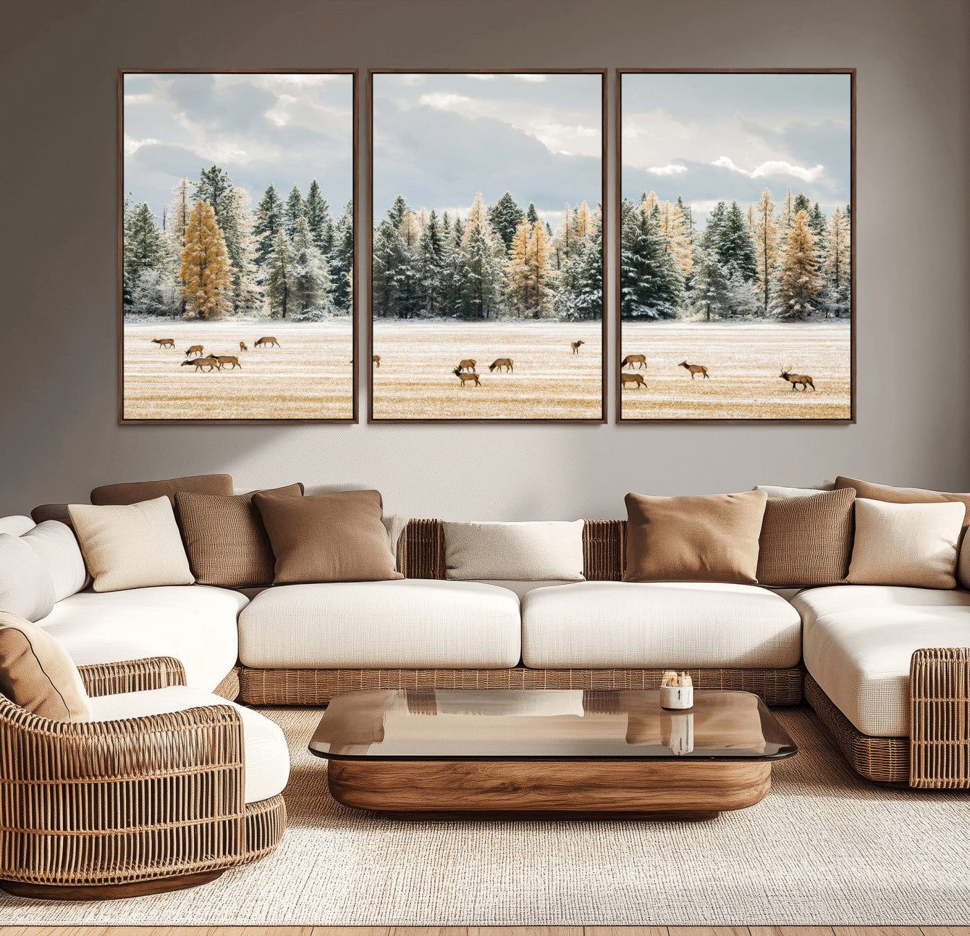 64188182-MGV-CV-36X24-Elk Herd Wall Art Canvas Print, Framed Snowy Forest Art Picture Print, Forest Elks Perfect Neutral Rustic Decor Artwork
