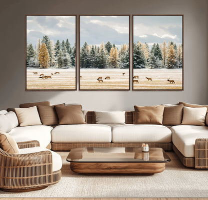 64188182-MGV-CV-36X24-Elk Herd Wall Art Canvas Print, Framed Snowy Forest Art Picture Print, Forest Elks Perfect Neutral Rustic Decor Artwork